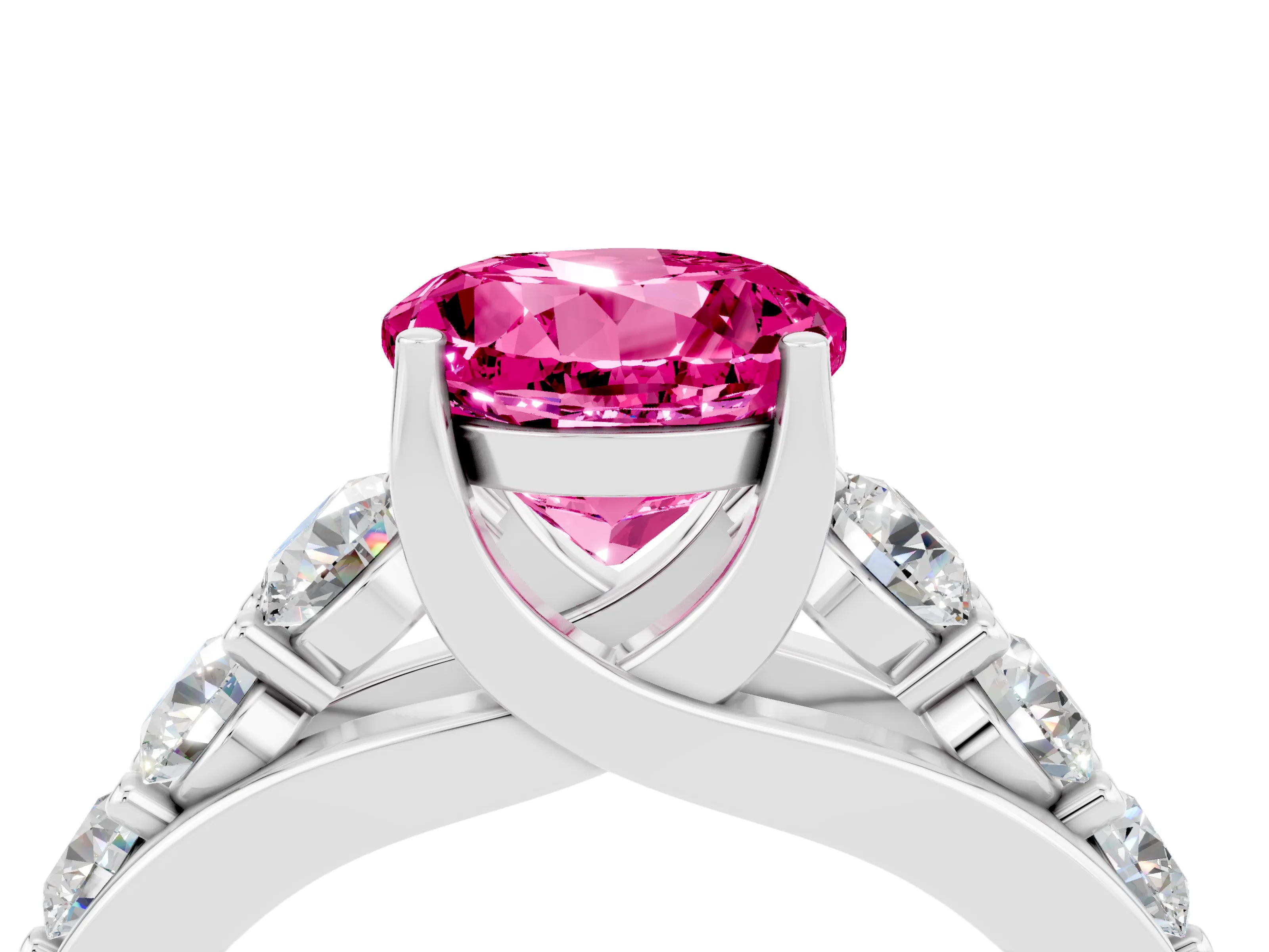 White gold Round Cut Pink Sapphire Engagement Ring with Pavé Band and Four-Prong Setting_4