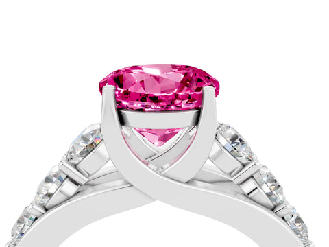 White gold Round Cut Pink Sapphire Engagement Ring with Pavé Band and Four-Prong Setting_4
