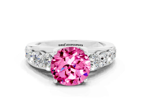 White gold Round Cut Pink Sapphire Engagement Ring with Pavé Band and Four-Prong Setting