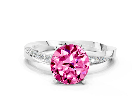 White gold Round Cut Pink Sapphire Engagement Ring with Side Stone Accents and Four-Prong Setting_51