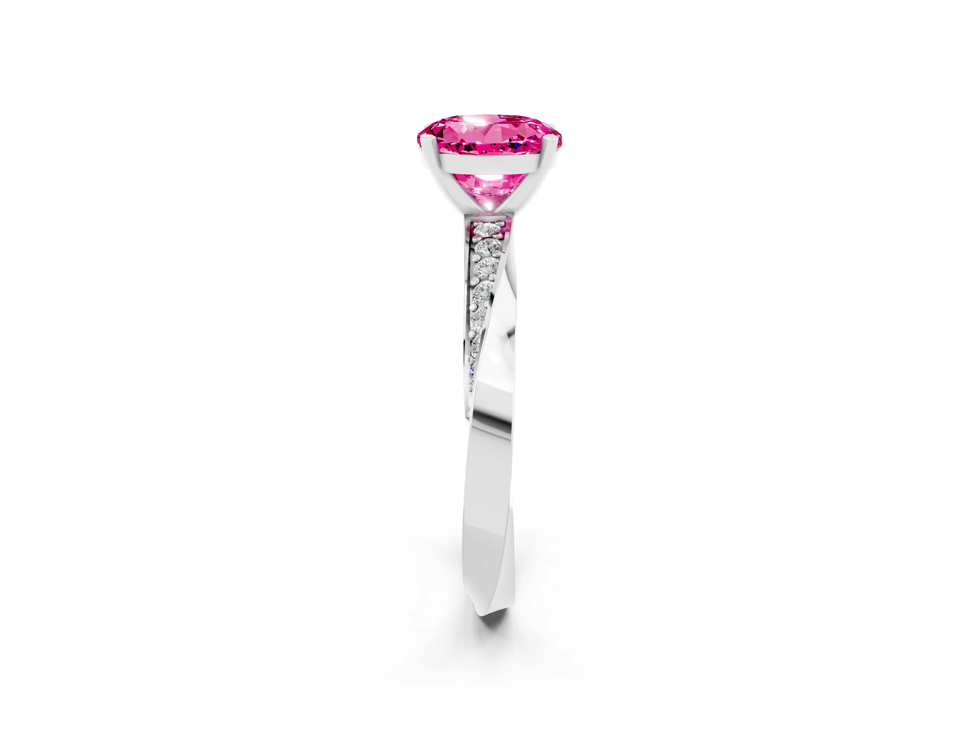 White gold Round Cut Pink Sapphire Engagement Ring with Side Stone Accents and Four-Prong Setting_53
