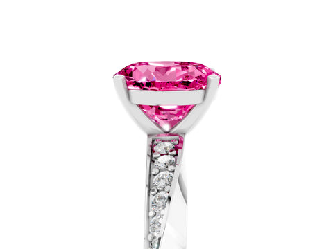 White gold Round Cut Pink Sapphire Engagement Ring with Side Stone Accents and Four-Prong Setting_56