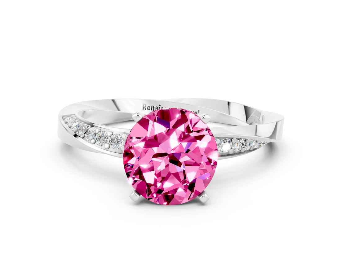 White gold Round Cut Pink Sapphire Engagement Ring with Side Stone Accents and Four-Prong Setting_72
