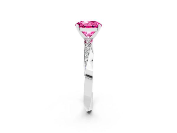 White gold Round Cut Pink Sapphire Engagement Ring with Side Stone Accents and Four-Prong Setting