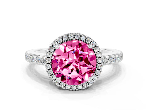 White gold Round Cut Pink Sapphire Halo Engagement Ring with Pavé Band and Prong Setting_12