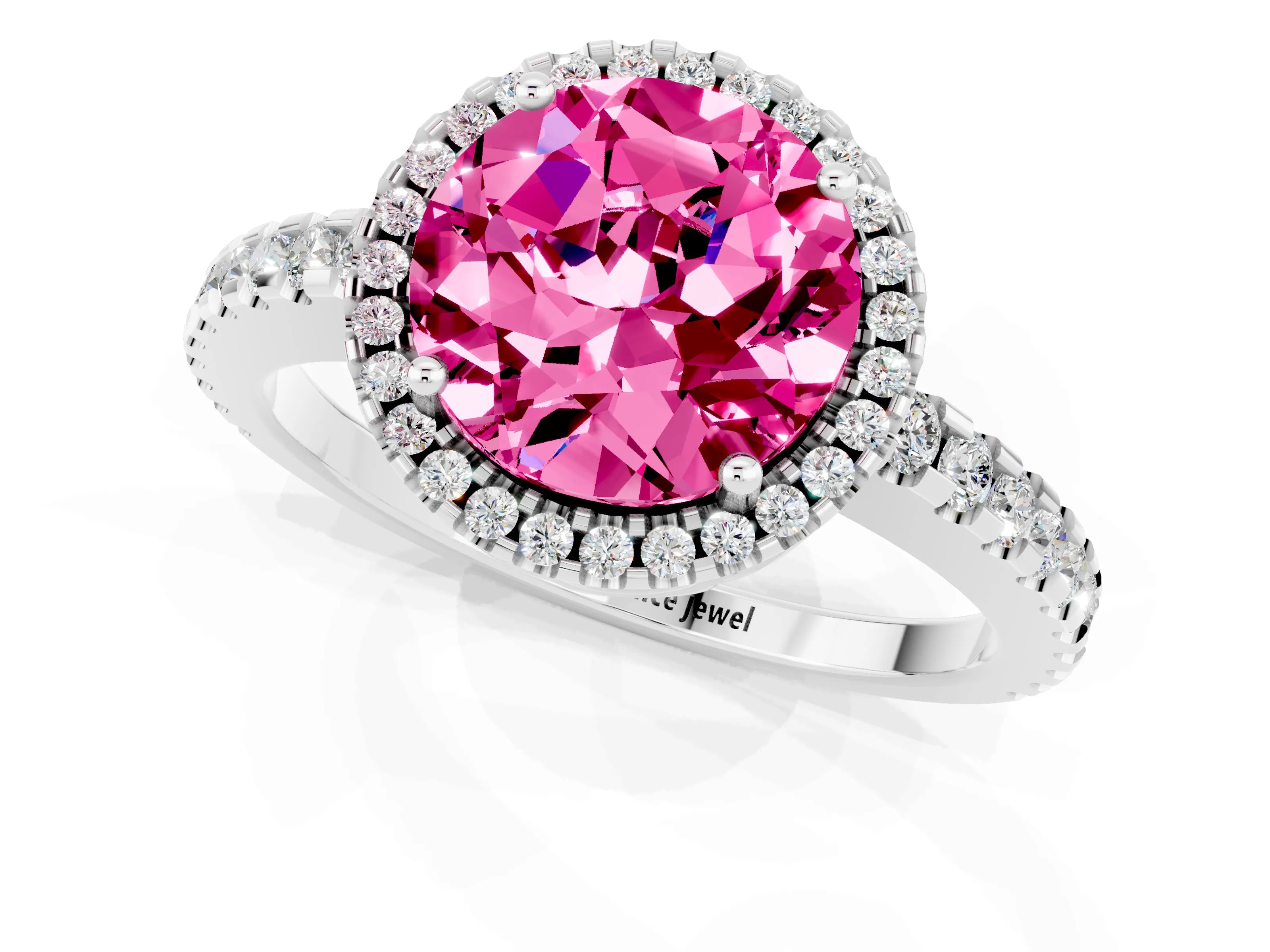 White gold Round Cut Pink Sapphire Halo Engagement Ring with Pavé Band and Prong Setting_13