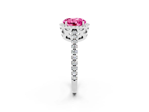 Platinum Round Cut Pink Sapphire Halo Engagement Ring with Pavé Band and Prong Setting