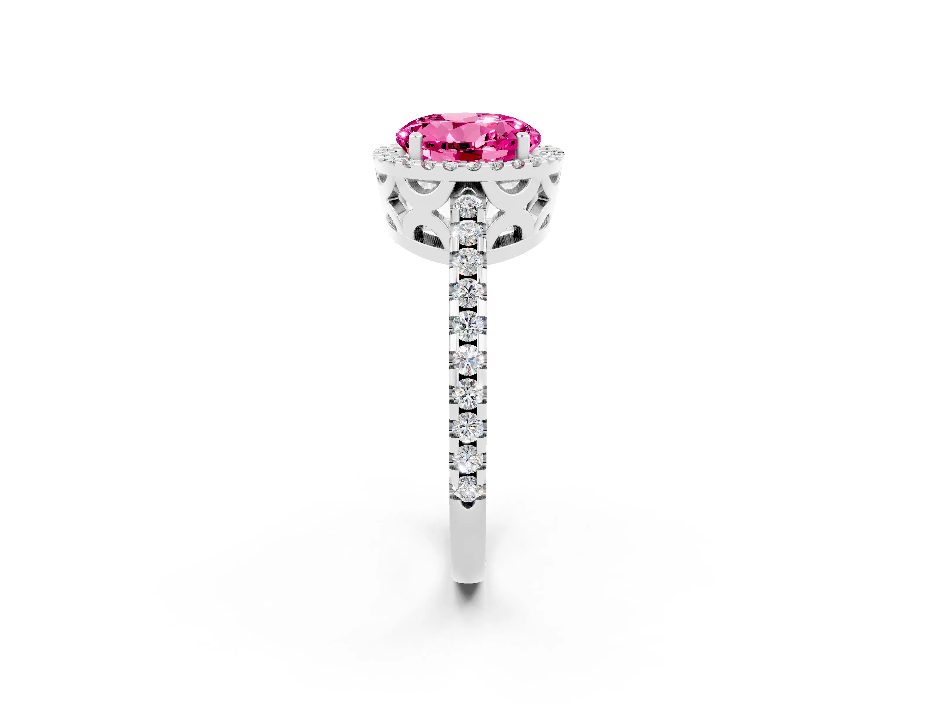 White gold Round Cut Pink Sapphire Halo Engagement Ring with Pavé Band and Prong Setting_14