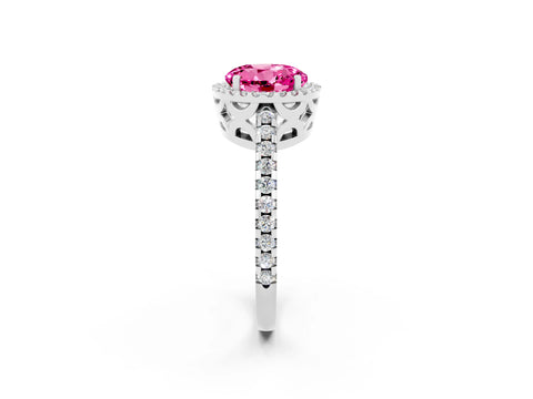 White gold Round Cut Pink Sapphire Halo Engagement Ring with Pavé Band and Prong Setting_14