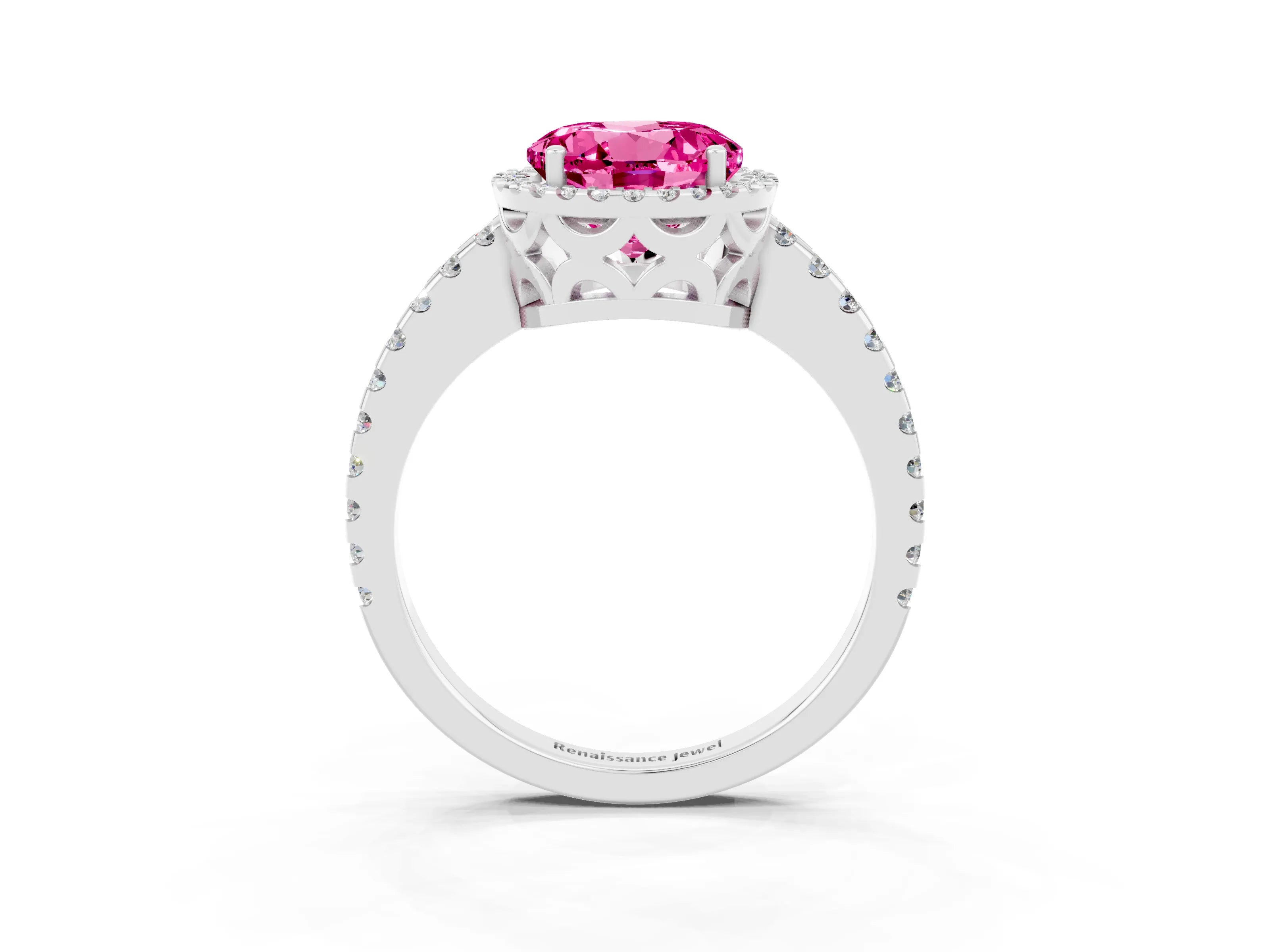 White gold Round Cut Pink Sapphire Halo Engagement Ring with Pavé Band and Prong Setting_15