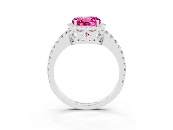 White gold Round Cut Pink Sapphire Halo Engagement Ring with Pavé Band and Prong Setting