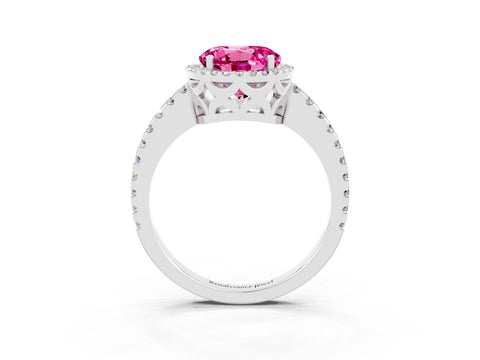 White gold Round Cut Pink Sapphire Halo Engagement Ring with Pavé Band and Prong Setting_15