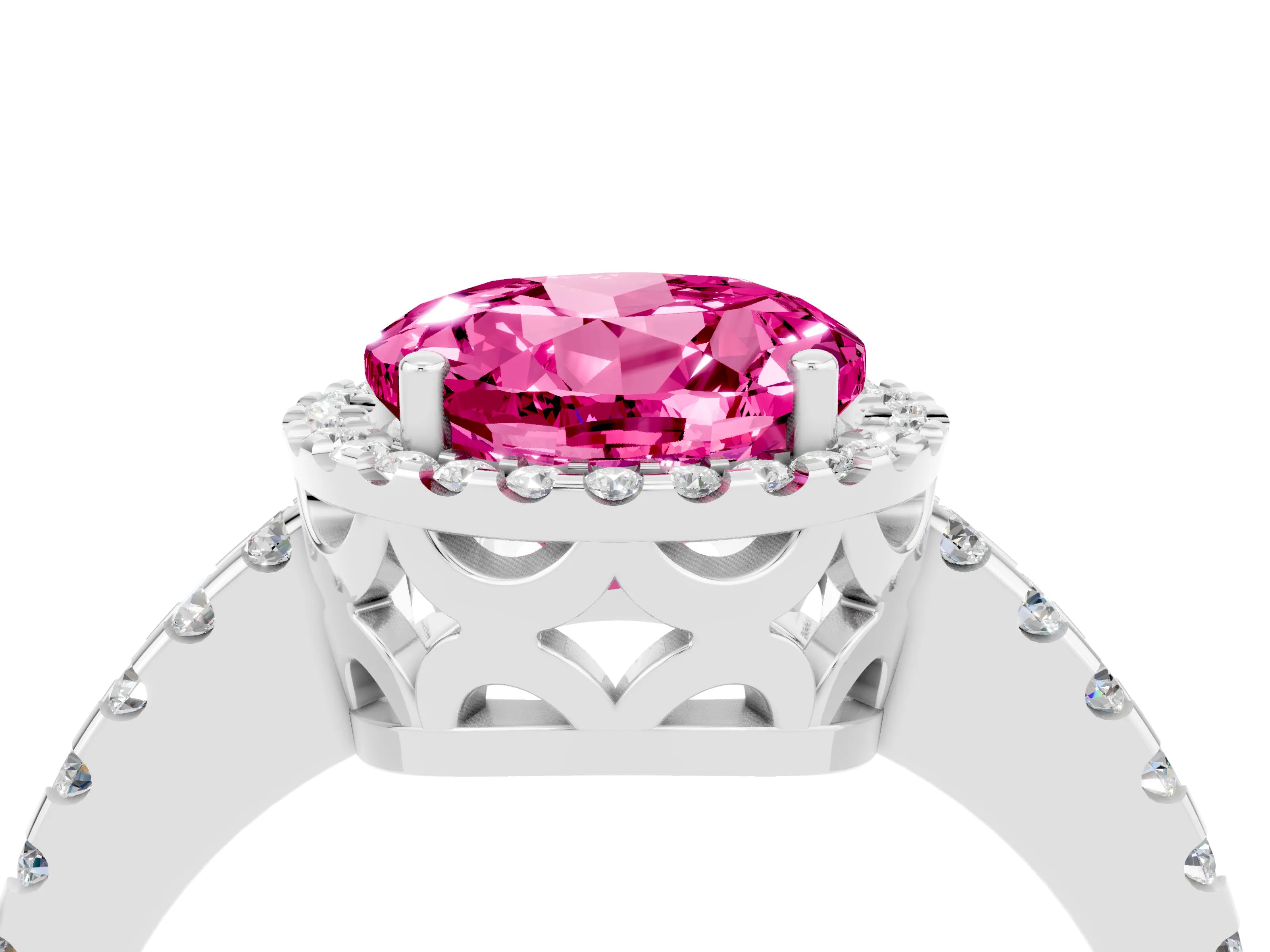 White gold Round Cut Pink Sapphire Halo Engagement Ring with Pavé Band and Prong Setting_16