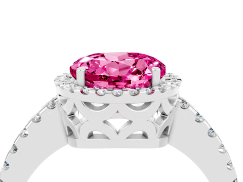 White gold Round Cut Pink Sapphire Halo Engagement Ring with Pavé Band and Prong Setting_16
