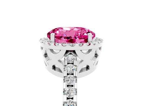 White gold Round Cut Pink Sapphire Halo Engagement Ring with Pavé Band and Prong Setting_17