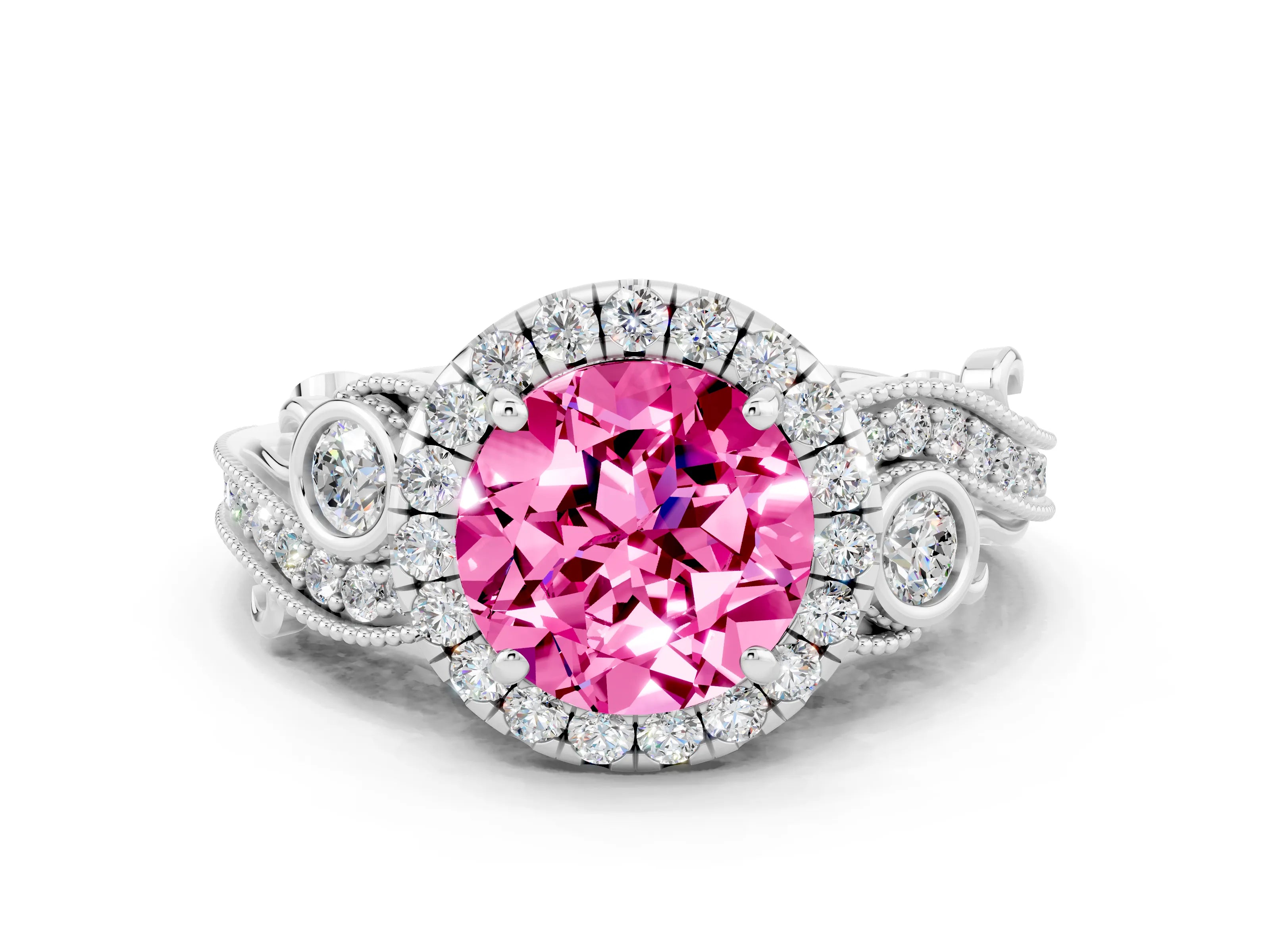 White gold Round Cut Pink Sapphire Halo Ring with Milgrain Pavé Band and Four-Prong Setting_12