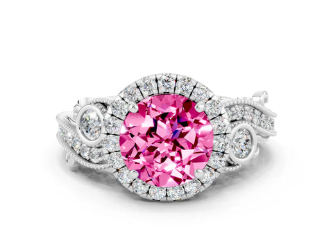 White gold Round Cut Pink Sapphire Halo Ring with Milgrain Pavé Band and Four-Prong Setting_12