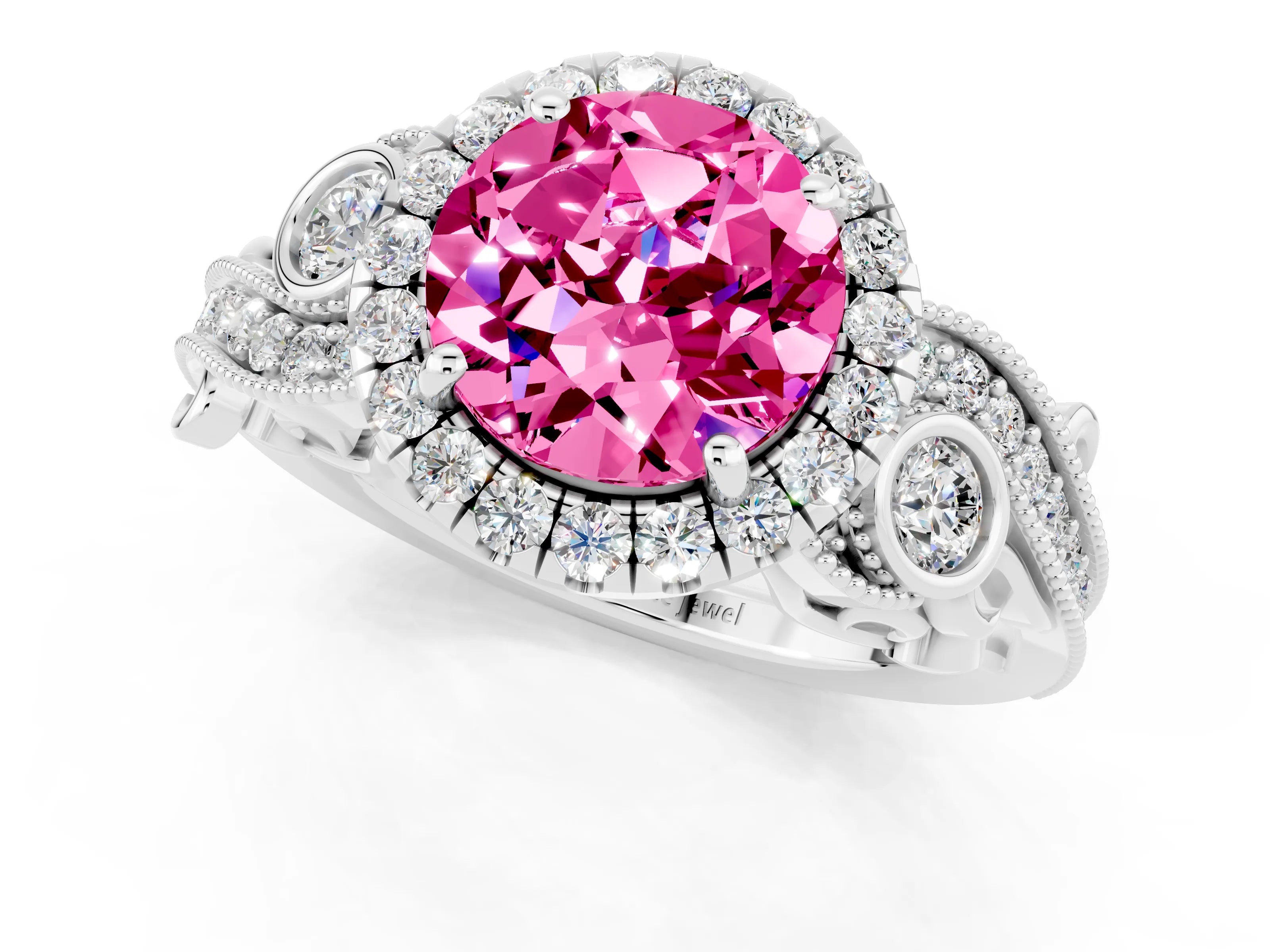 White gold Round Cut Pink Sapphire Halo Ring with Milgrain Pavé Band and Four-Prong Setting_13