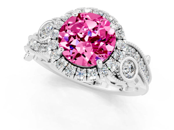 Platinum Round Cut Pink Sapphire Halo Ring with Milgrain Pavé Band and Four-Prong Setting