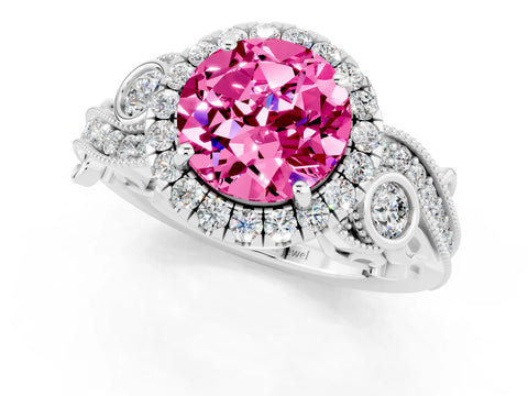 White gold Round Cut Pink Sapphire Halo Ring with Milgrain Pavé Band and Four-Prong Setting_13