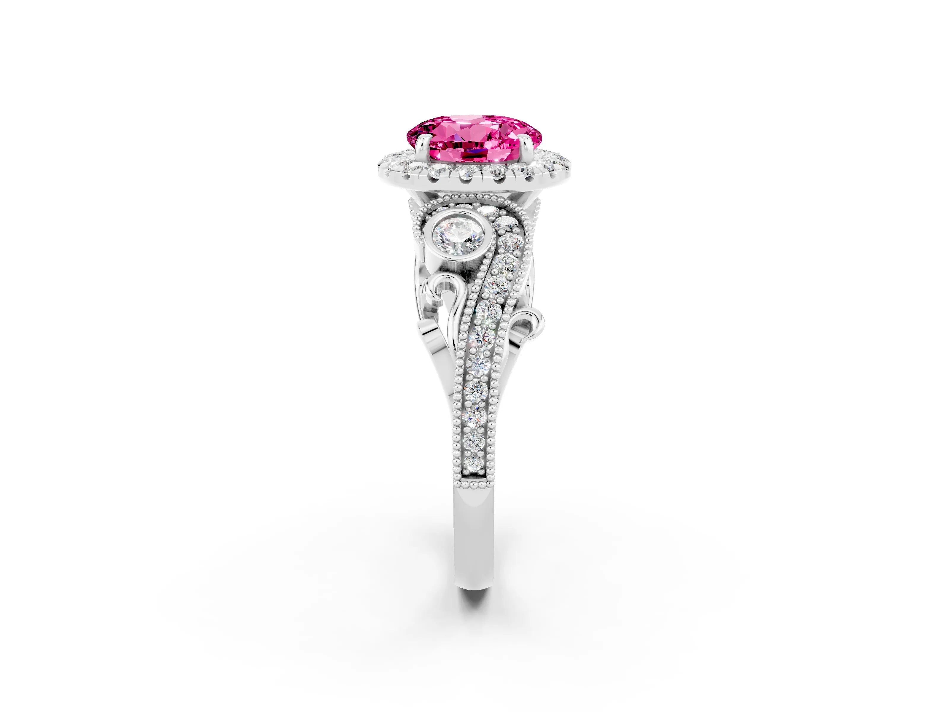 White gold Round Cut Pink Sapphire Halo Ring with Milgrain Pavé Band and Four-Prong Setting_14