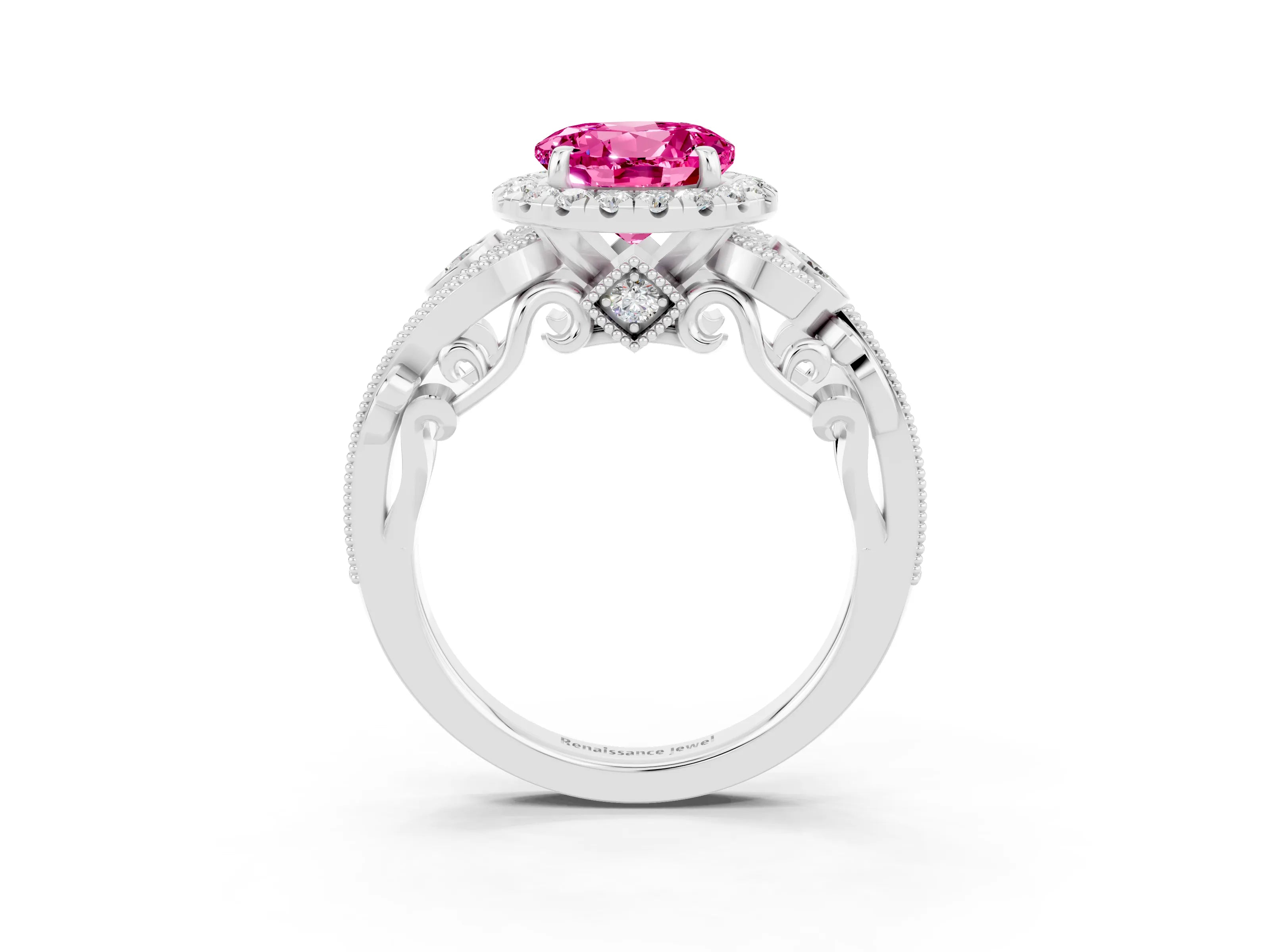 White gold Round Cut Pink Sapphire Halo Ring with Milgrain Pavé Band and Four-Prong Setting_15