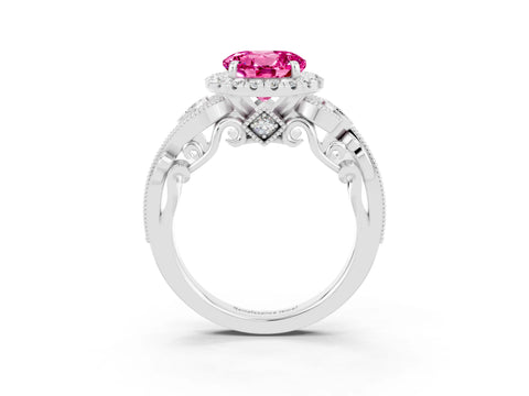 White gold Round Cut Pink Sapphire Halo Ring with Milgrain Pavé Band and Four-Prong Setting_15
