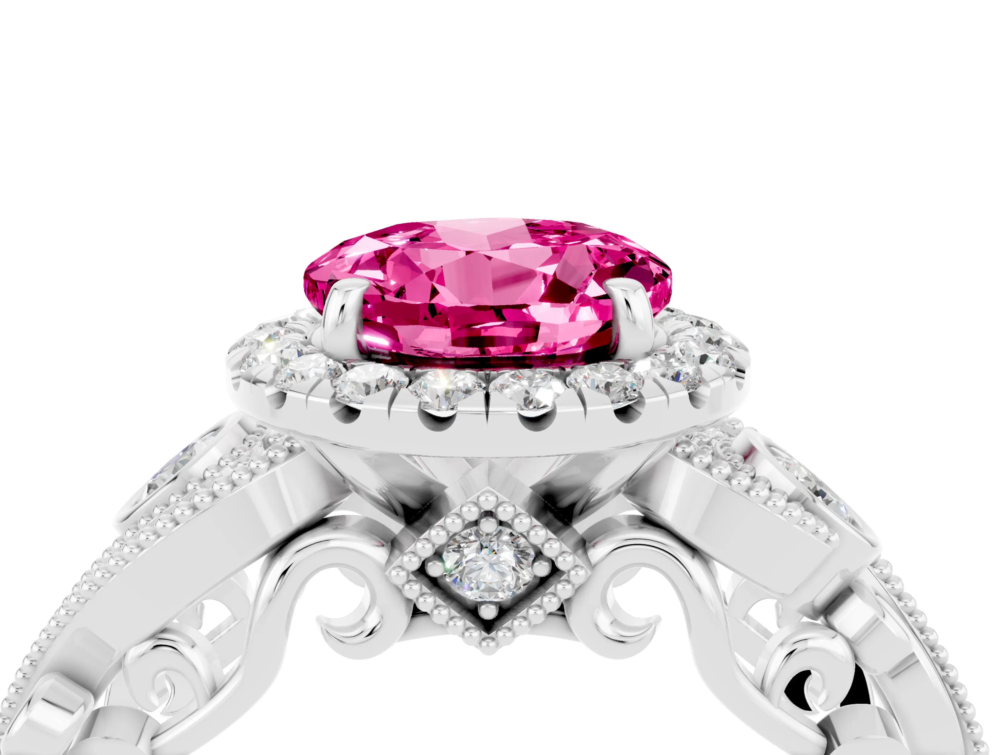 White gold Round Cut Pink Sapphire Halo Ring with Milgrain Pavé Band and Four-Prong Setting_16