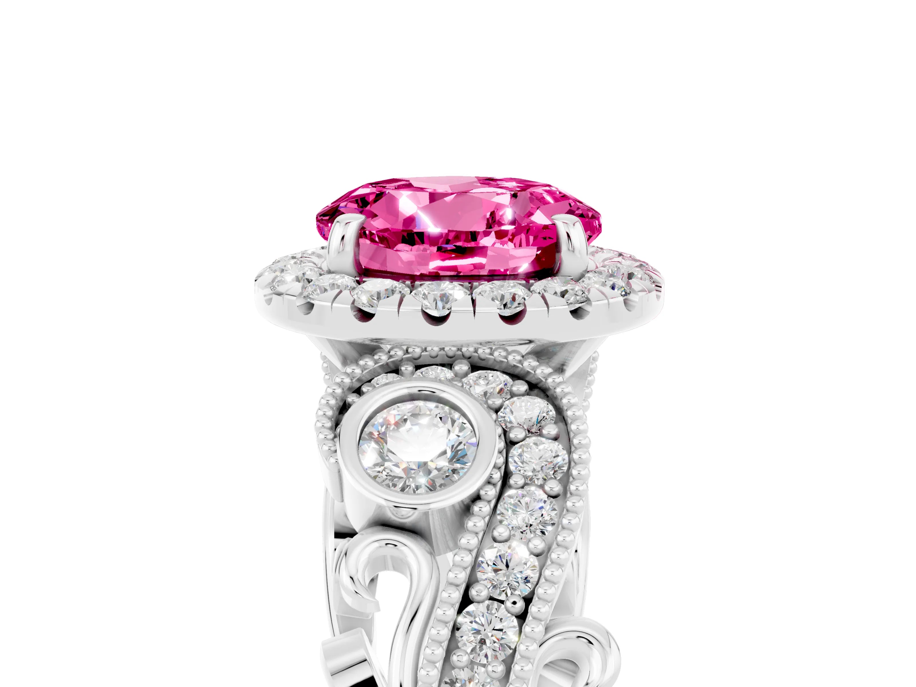 White gold Round Cut Pink Sapphire Halo Ring with Milgrain Pavé Band and Four-Prong Setting_17