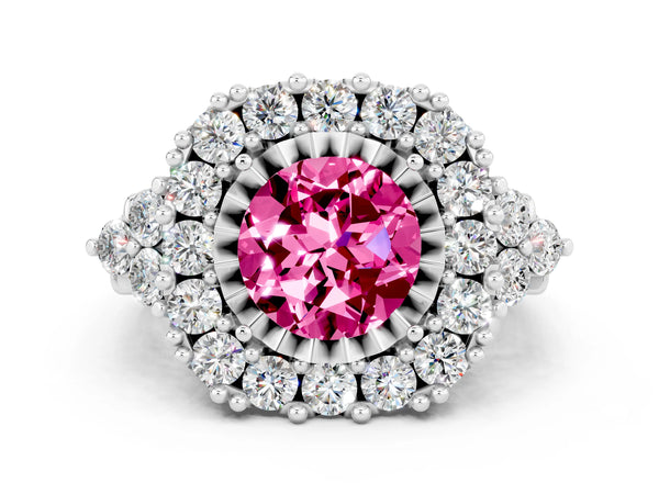 Platinum Round Cut Pink Sapphire Halo Ring with Pavé Band and Four-Prong Setting