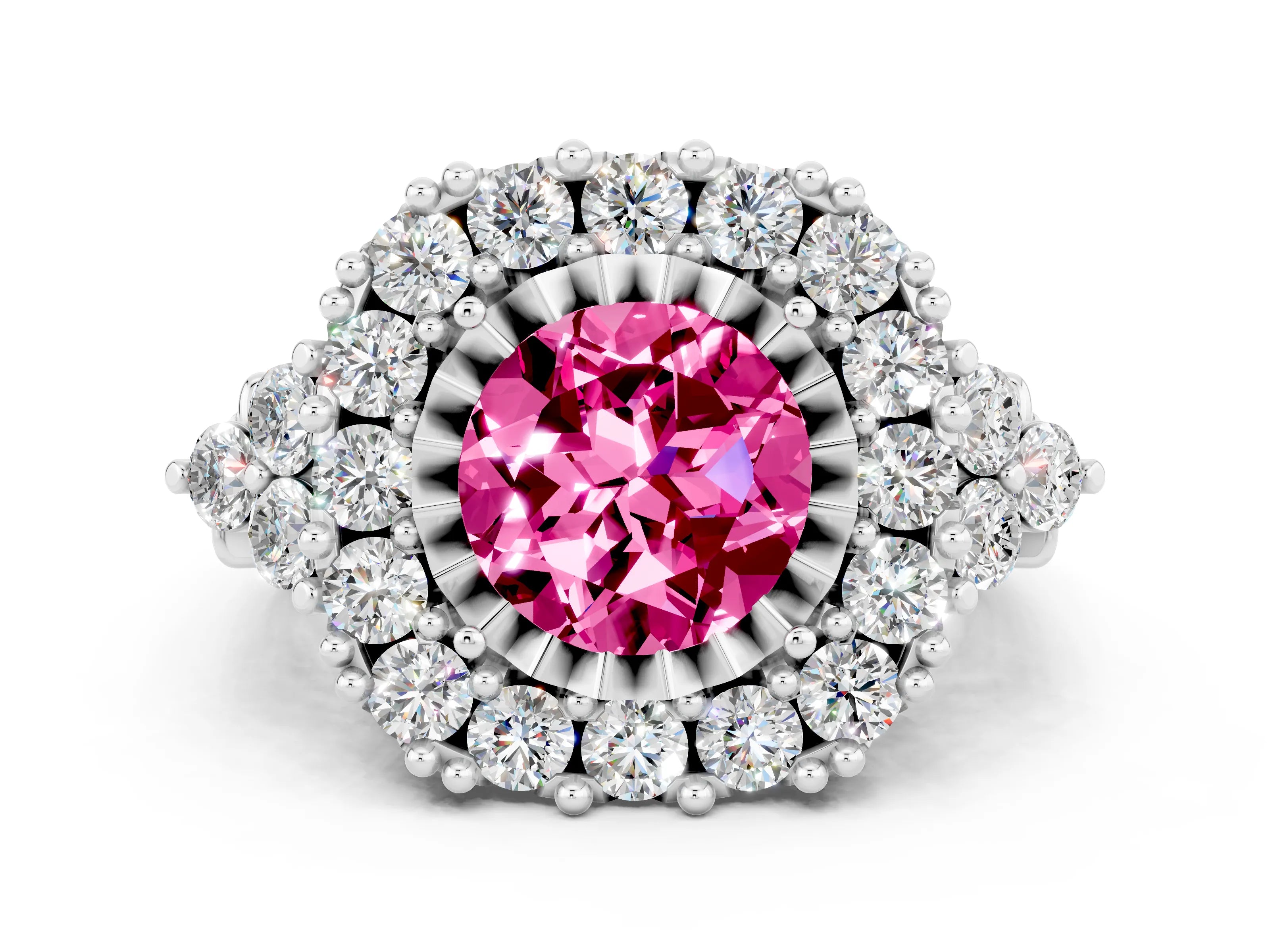 White gold Round Cut Pink Sapphire Halo Ring with Pavé Band and Four-Prong Setting_12