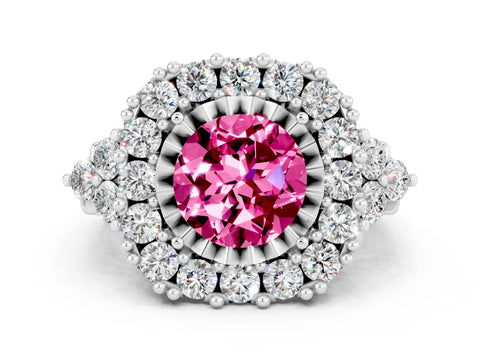 White gold Round Cut Pink Sapphire Halo Ring with Pavé Band and Four-Prong Setting_12
