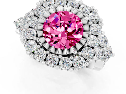 White gold Round Cut Pink Sapphire Halo Ring with Pavé Band and Four-Prong Setting_13