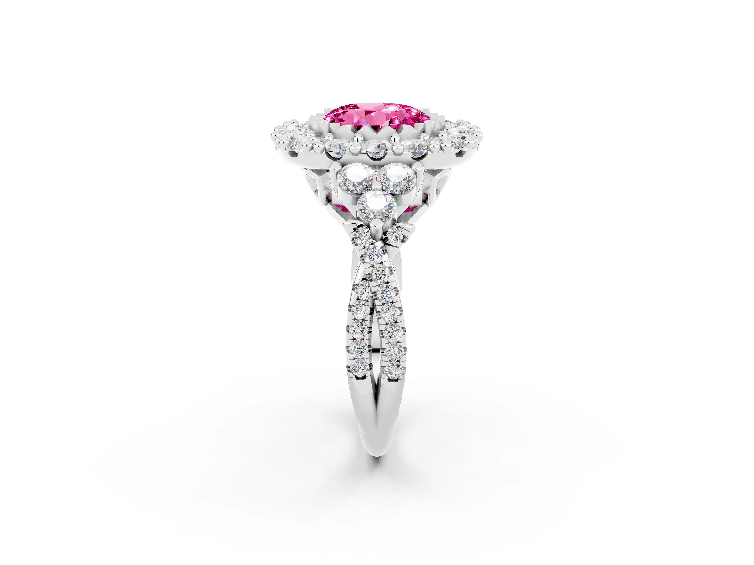 White gold Round Cut Pink Sapphire Halo Ring with Pavé Band and Four-Prong Setting_14