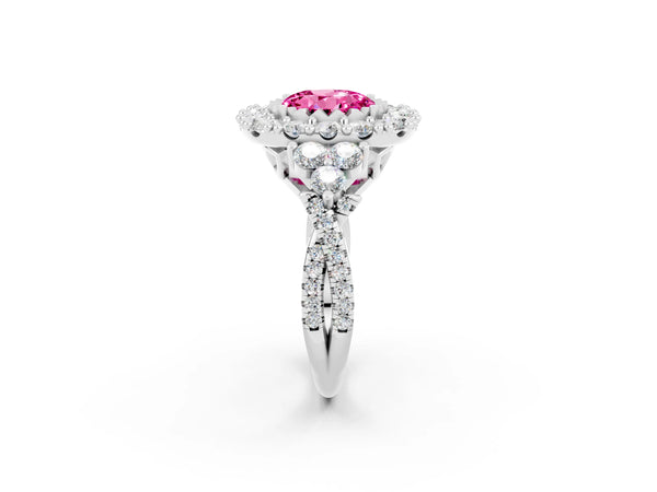 Platinum Round Cut Pink Sapphire Halo Ring with Pavé Band and Four-Prong Setting