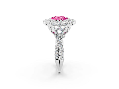 White gold Round Cut Pink Sapphire Halo Ring with Pavé Band and Four-Prong Setting_14