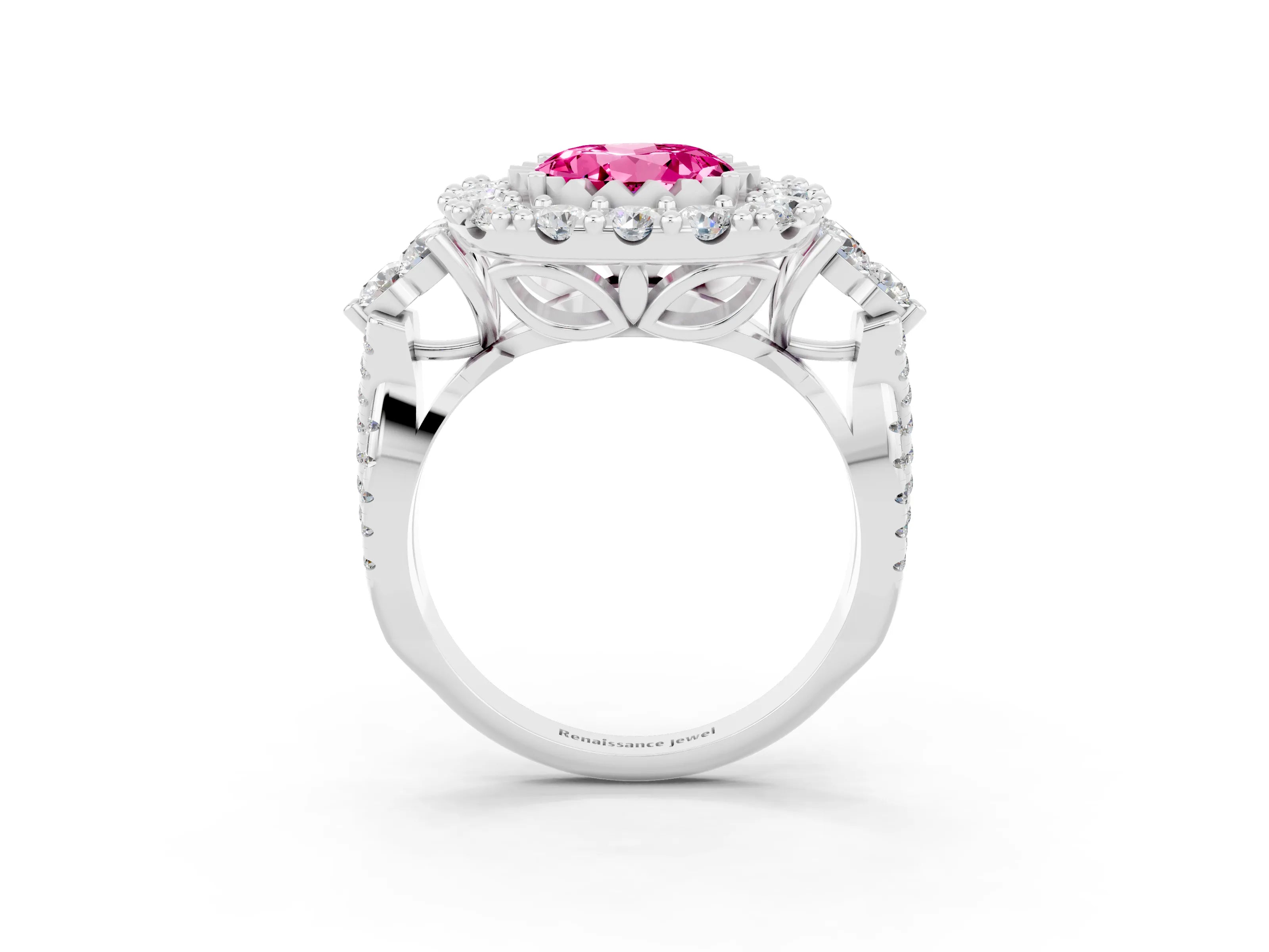 White gold Round Cut Pink Sapphire Halo Ring with Pavé Band and Four-Prong Setting_15