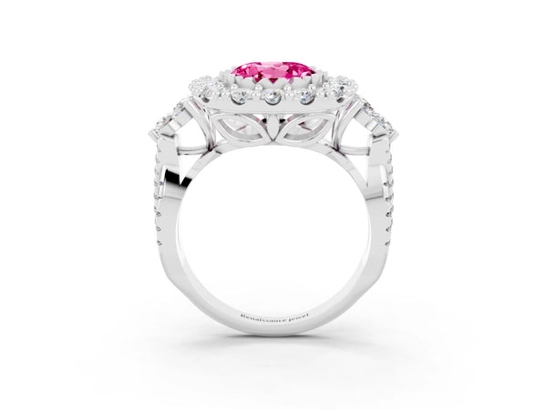 Platinum Round Cut Pink Sapphire Halo Ring with Pavé Band and Four-Prong Setting