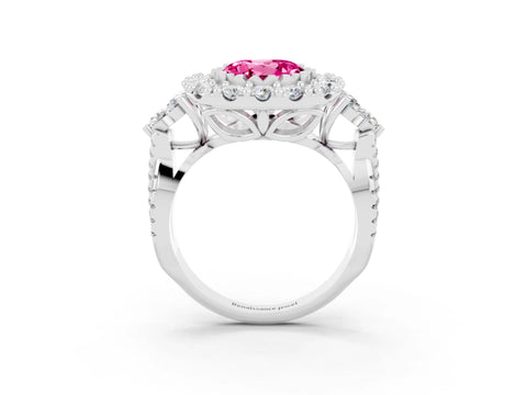 White gold Round Cut Pink Sapphire Halo Ring with Pavé Band and Four-Prong Setting_15