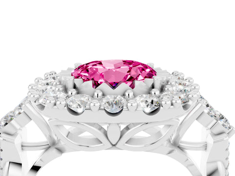 White gold Round Cut Pink Sapphire Halo Ring with Pavé Band and Four-Prong Setting_16
