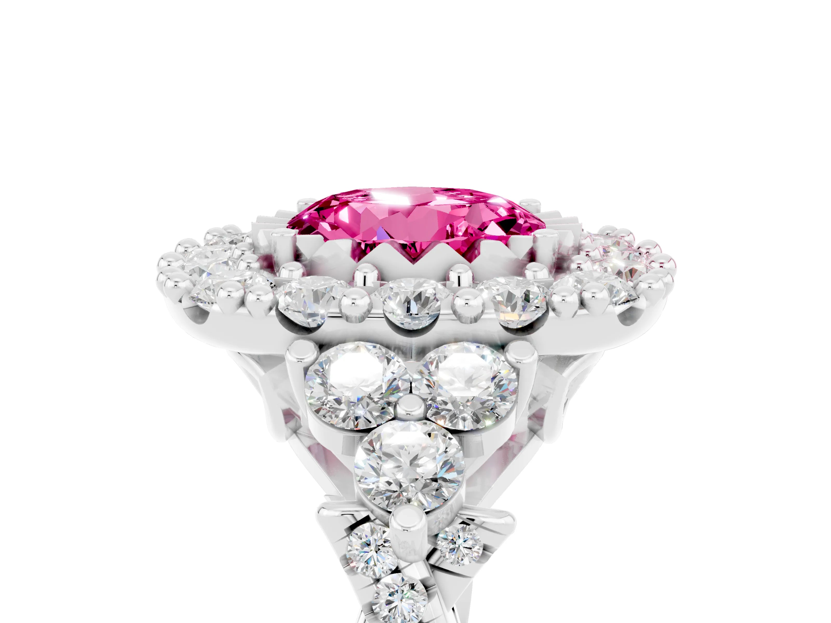White gold Round Cut Pink Sapphire Halo Ring with Pavé Band and Four-Prong Setting_17