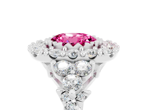 White gold Round Cut Pink Sapphire Halo Ring with Pavé Band and Four-Prong Setting_17