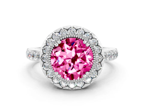 White gold Round Cut Pink Sapphire Halo Ring with Pavé Band and Prong Setting