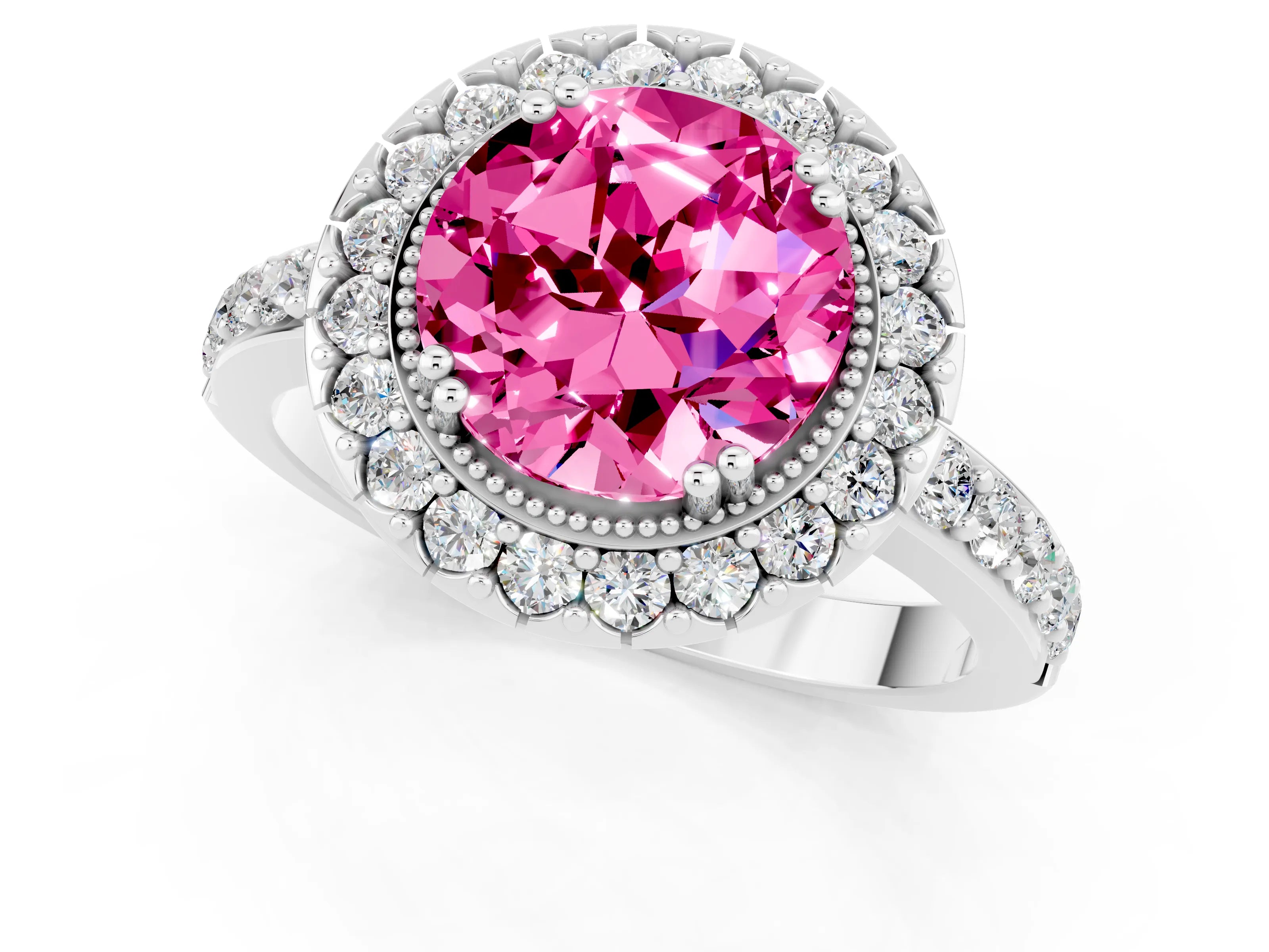 White gold Round Cut Pink Sapphire Halo Ring with Pavé Band and Prong Setting_1