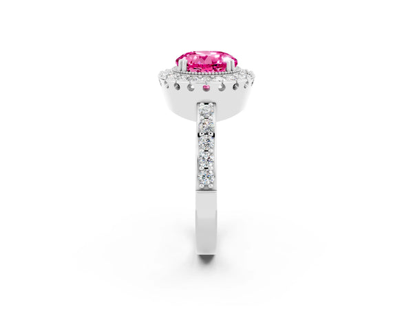 Platinum Round Cut Pink Sapphire Halo Ring with Pavé Band and Prong Setting