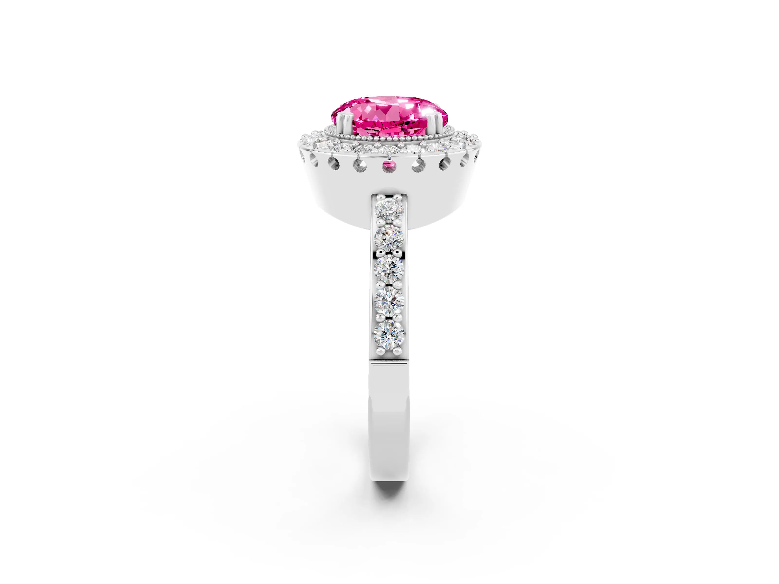 White gold Round Cut Pink Sapphire Halo Ring with Pavé Band and Prong Setting_2