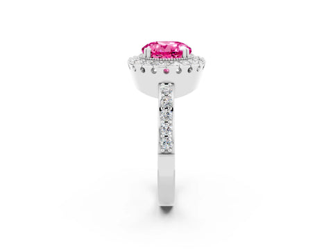 White gold Round Cut Pink Sapphire Halo Ring with Pavé Band and Prong Setting_2