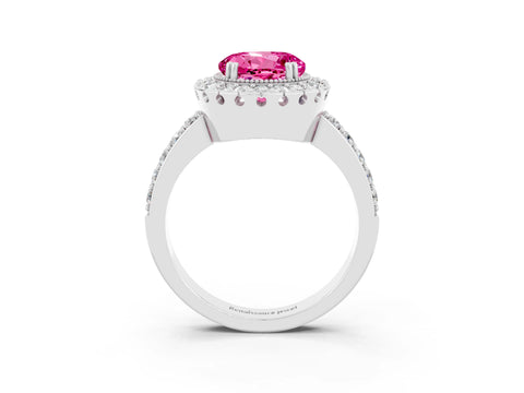 White gold Round Cut Pink Sapphire Halo Ring with Pavé Band and Prong Setting_3