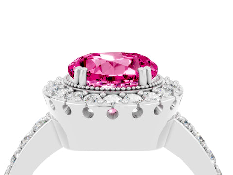 White gold Round Cut Pink Sapphire Halo Ring with Pavé Band and Prong Setting_4