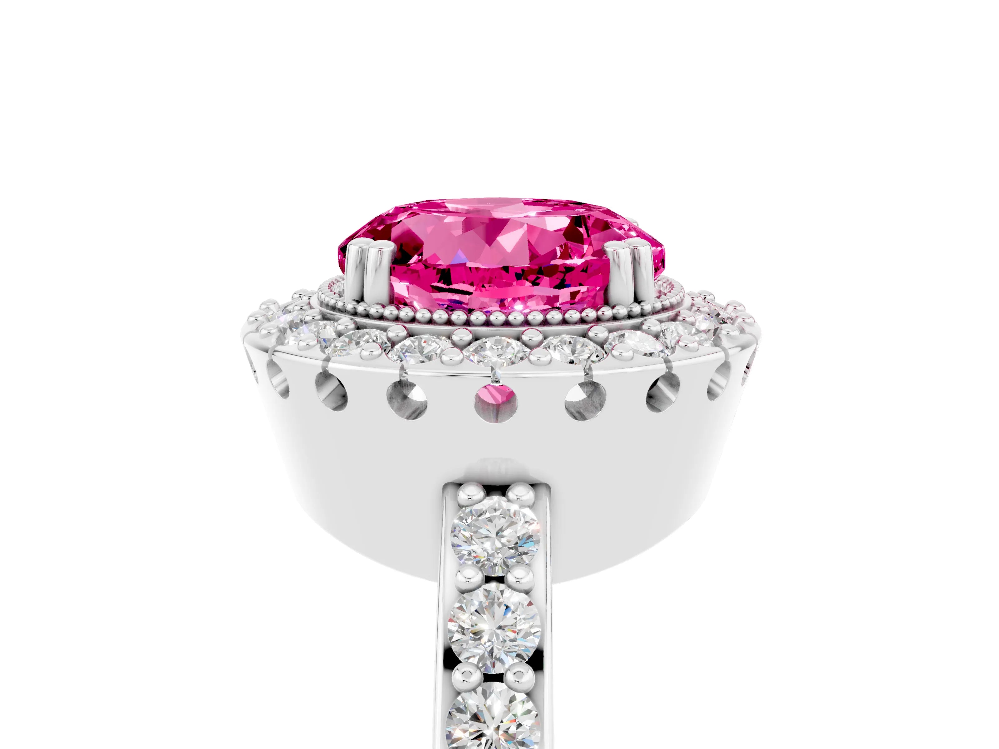 White gold Round Cut Pink Sapphire Halo Ring with Pavé Band and Prong Setting_5